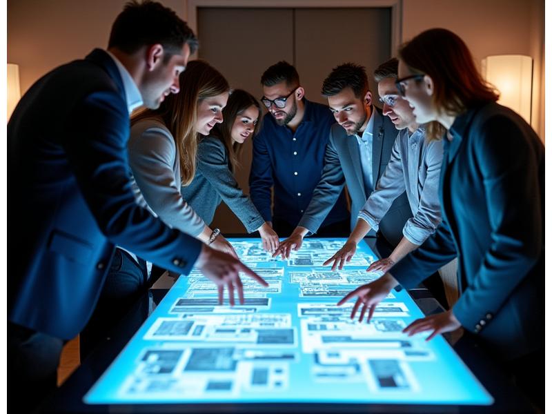 Lumen Rhythms team members and a client collaborating enthusiastically over event blueprints, showcasing a true partnership.