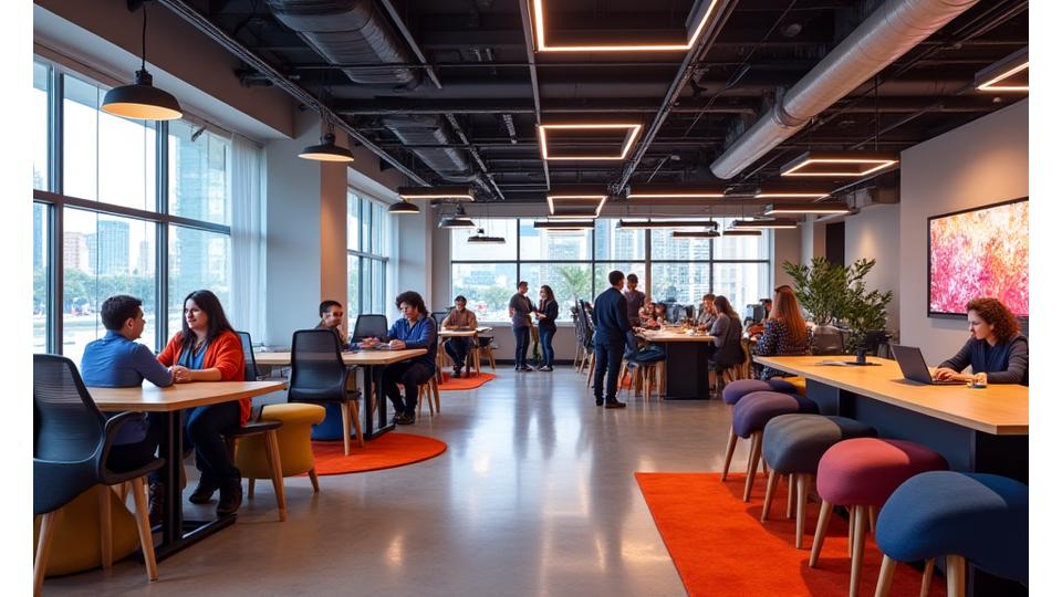 Panoramic view of a modern, vibrant office space designed for creative collaboration, featuring open desks, comfortable seating, and innovative tech displays.