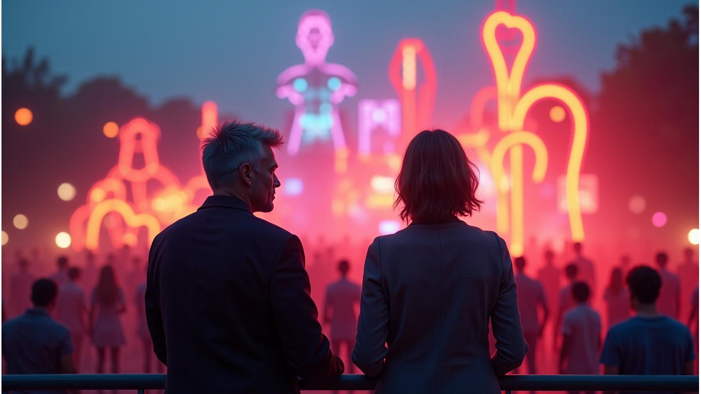 Founders meeting amidst a vibrant, futuristic festival backdrop, symbolizing innovation and collaboration.
