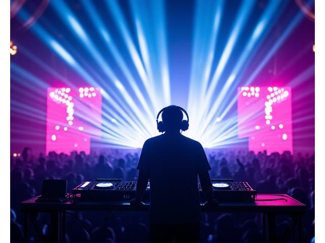 DJ performing with vibrant light show, showcasing electronic music genre