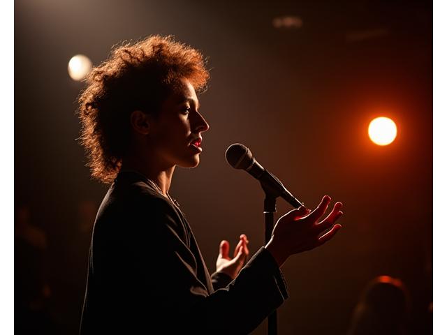 Dynamic spoken word poet performing in a dimly lit, intimate venue, passionate expression