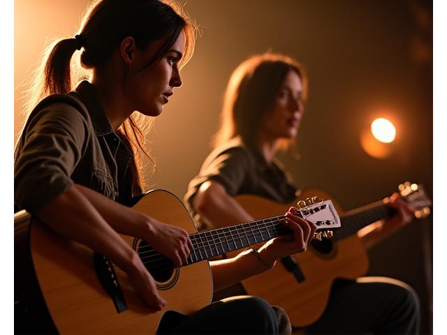 Folk acoustic duo performing in an intimate setting, warm lighting, close up