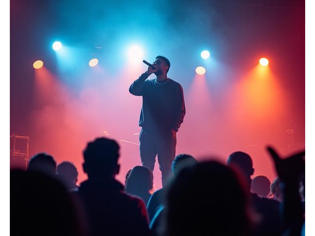 Hip Hop artist performing on stage with crowd, focused on mic, dynamic energy