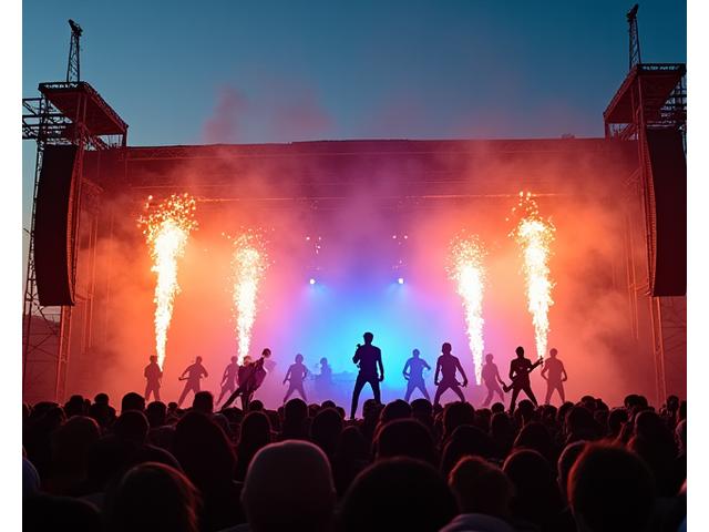Rock band performing on large stage with pyrotechnics and dramatic lighting