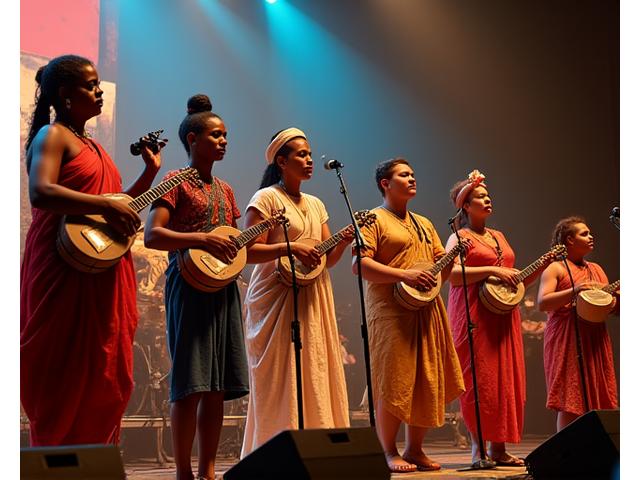 World music ensemble performing with diverse traditional instruments and vibrant costumes