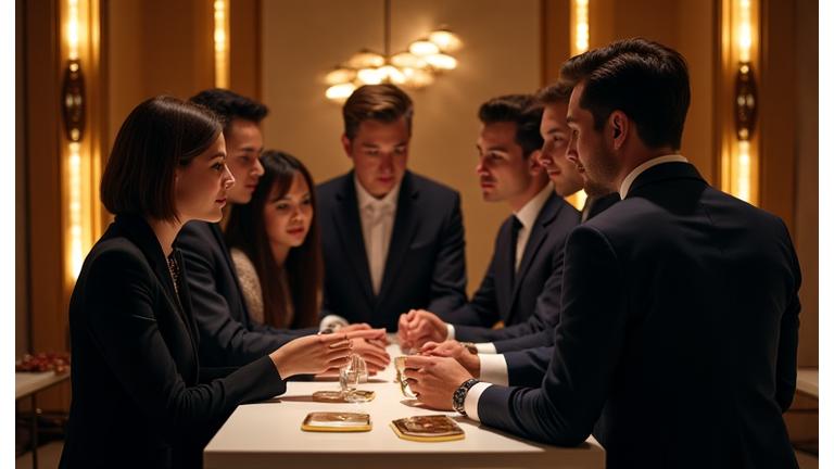 A small, exclusive group of well-dressed individuals engaged in a high-end product demonstration in a luxurious, intimate setting, soft and focused lighting.