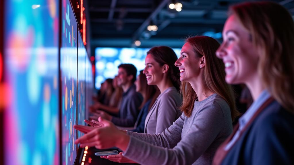 A diverse group of people engaged in an interactive brand experience, perhaps playing a gamified activity or using a custom app, with vibrant lighting and dynamic energy.