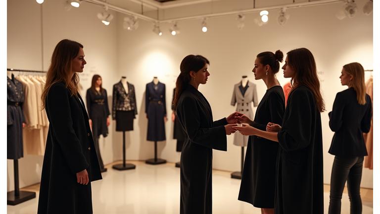 Luxury fashion brand pop-up experience with models and personalized styling sessions in a chic gallery space.