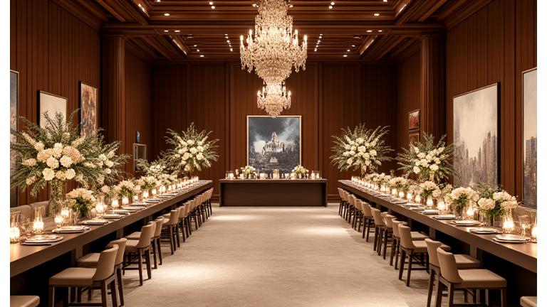 The opulent interior of a historic mansion set up for an exclusive brand event, featuring elegant decor, soft lighting, and branded elements subtly integrated.
