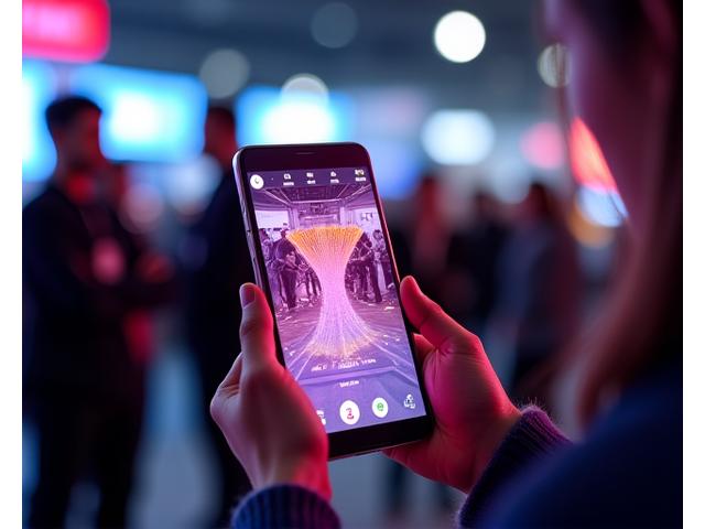 Attendee holding a smartphone, seeing digital overlays enhancing a real-world event space