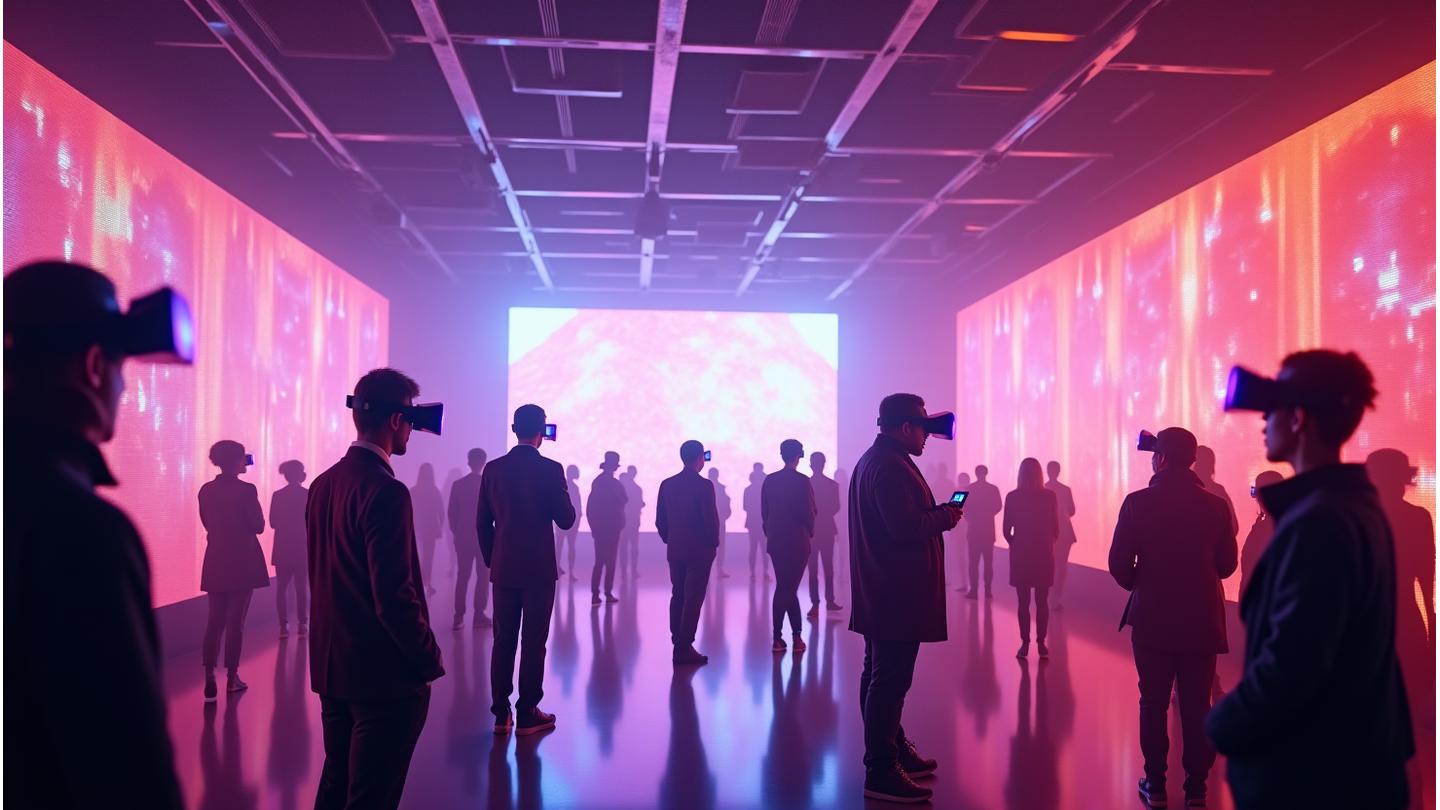Futuristic event space with glowing holographic displays and people interacting with VR headsets