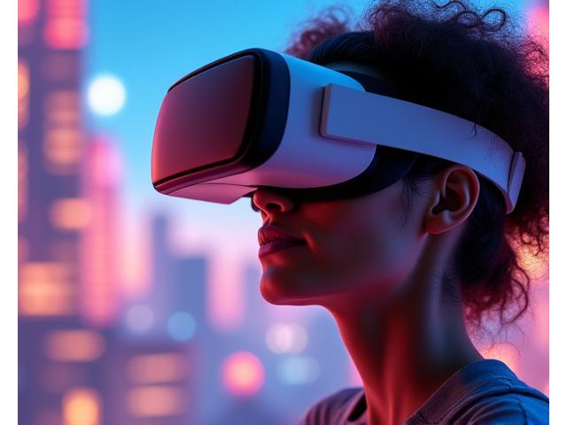 Person wearing a sleek VR headset, immersed in a vibrant, futuristic digital world