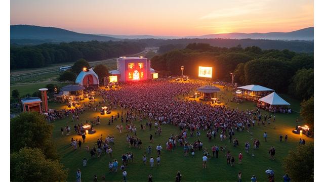 Overhead view of 'Harmony Fields' Music Festival, showing diverse stages, art installations, and a large, spread-out crowd