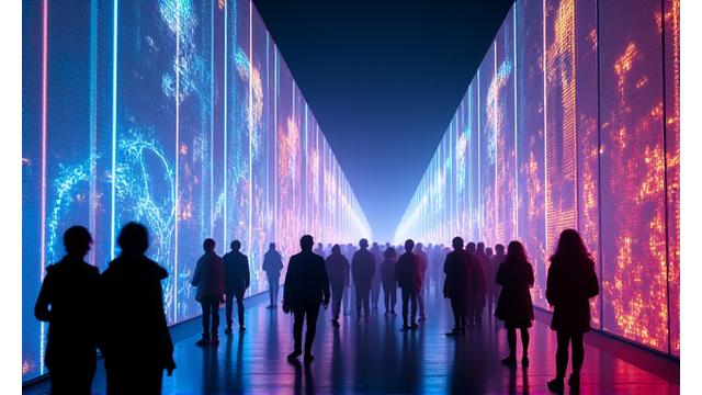 Futuristic digital art installation at 'Nexus Art Innovate' festival, with glowing lines and patterns interacting with people