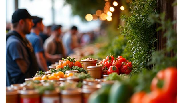 Bustling scene at 'Roots & Harvest' Culinary Festival, showcasing beautiful food stalls, interactive cooking demos, and happy attendees.
