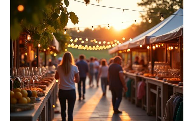 Elegant outdoor food and wine festival with artisan food stalls, vineyard views, and people enjoying gourmet samples