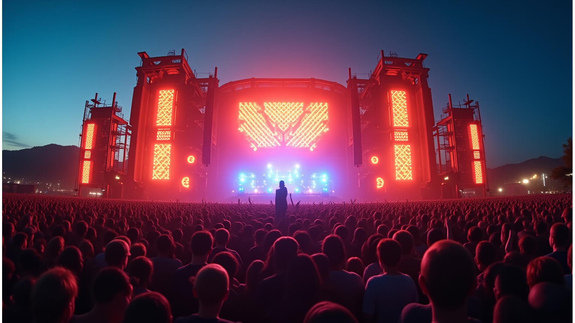 Panoramic view of a vibrant, dreamlike music festival at twilight with dynamic lighting and enthusiastic crowd