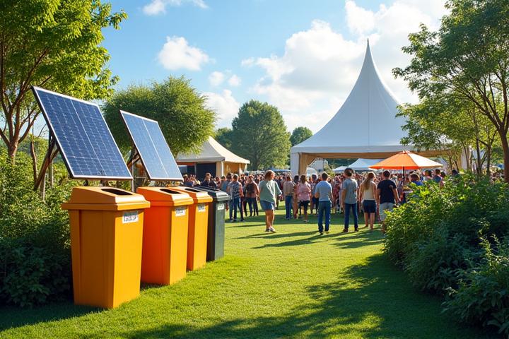 Vibrant green festival scene with solar panels, recyclable bins, and lush natural elements, symbolizing environmental responsibility