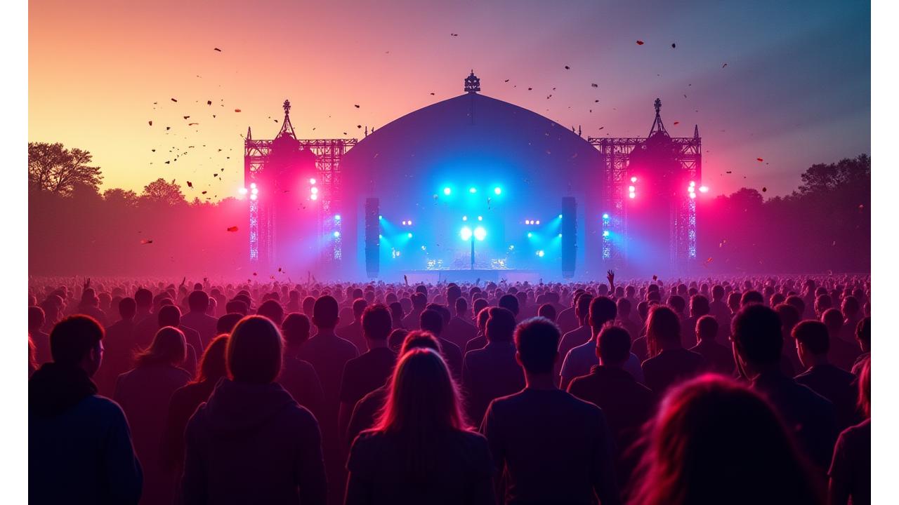 Vibrant music festival crowd at sunset