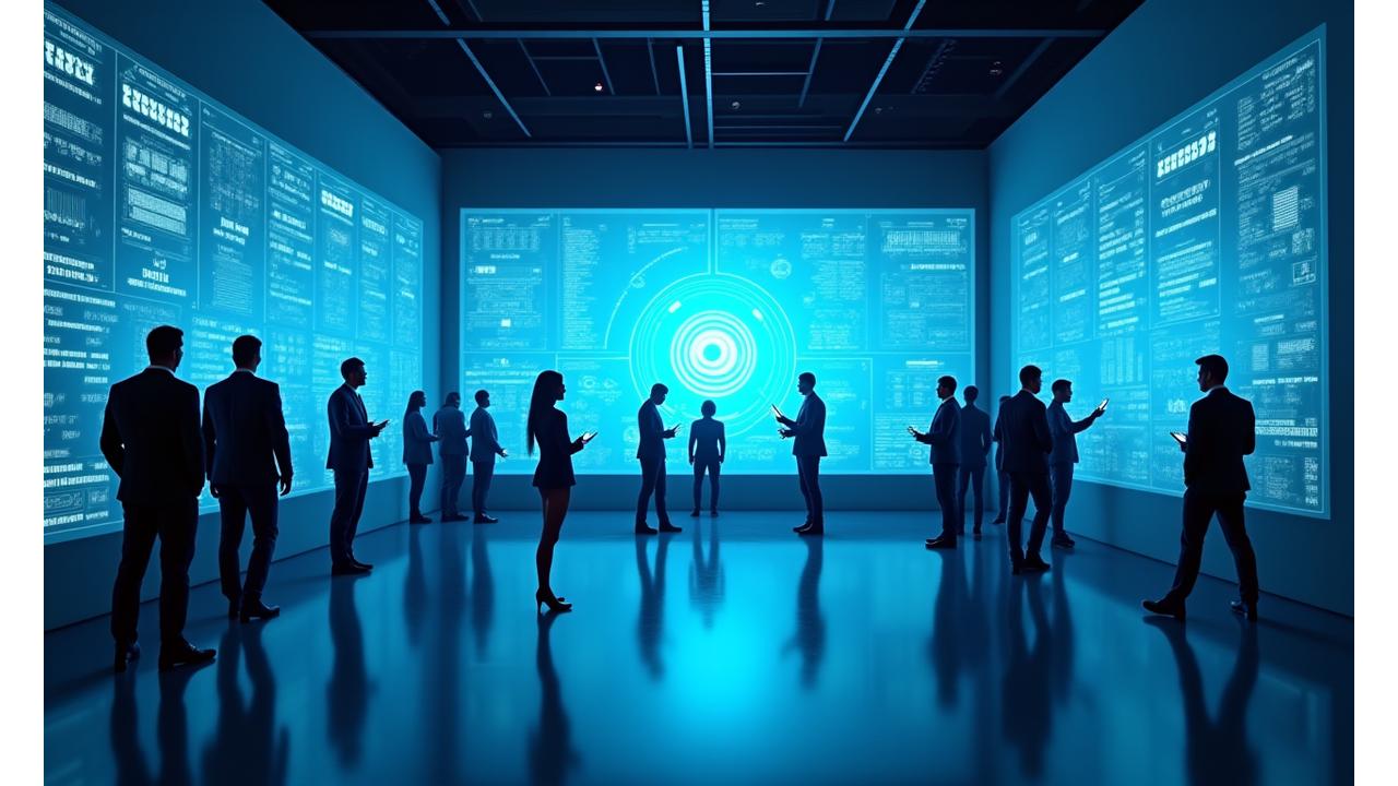 Attendees interacting with a large touch screen at a tech event