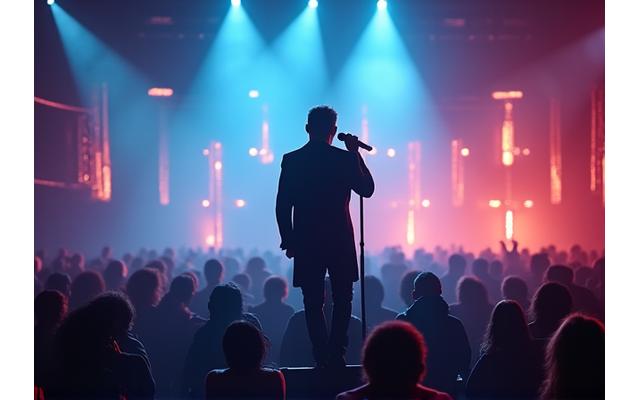 Music artist performing on a brightly lit stage
