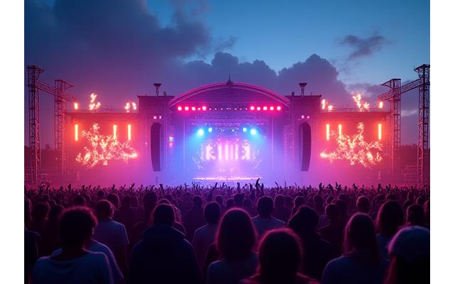 Dynamic festival stage design with lights and crowd