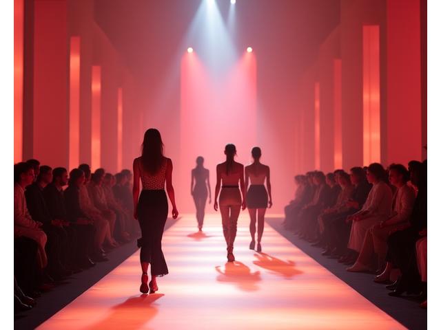 High fashion runway show with dramatic lighting