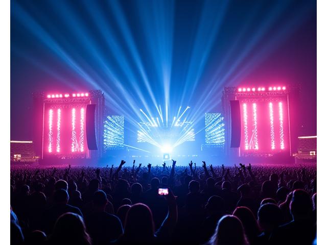Massive music festival stage at night with fireworks