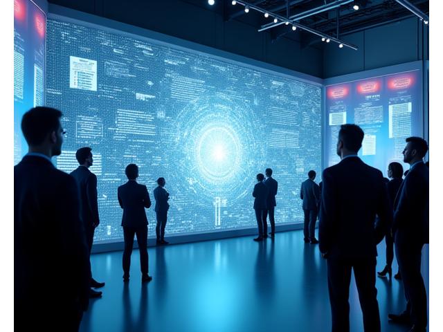 Futuristic tech product launch event with holographic displays