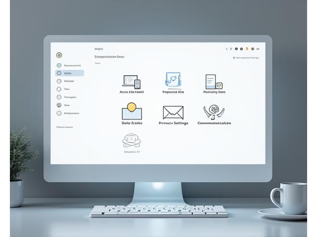 A user interface dashboard with various icons representing data privacy controls like 'access data', 'delete', 'privacy settings', on a digital screen, symbolizing user privacy rights.
