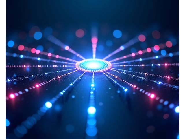 Abstract depiction of AI neural network controlling intricate stage lighting patterns in real-time.