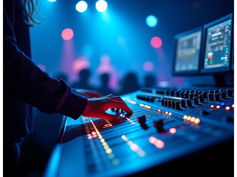 Professional audio engineer meticulously adjusting a high-tech sound console during a live event.