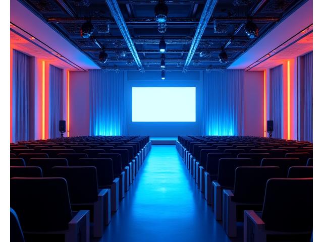 Modern corporate ballroom transformed with dynamic uplighting and clear stage audio for a keynote speaker.