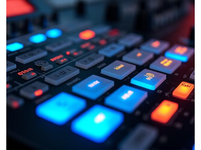 Close-up of a sophisticated digital audio console with illuminated faders and touchscreens.