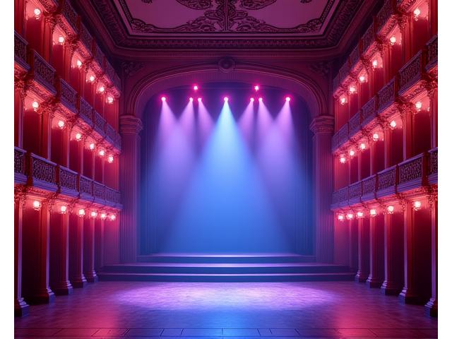 Elegant interior of a historic theater with modern stage lighting illuminating ornate architecture.