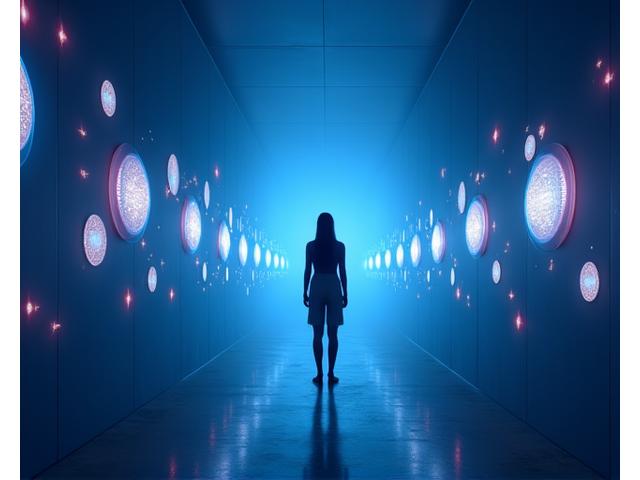 Person experiencing a 360-degree immersive audio installation in a dark, futuristic room with subtle light effects.