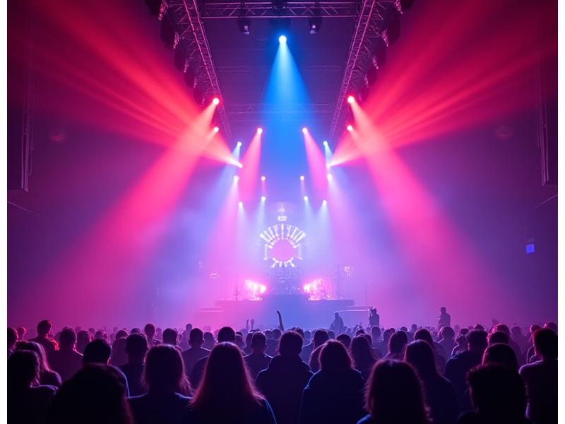 Breathtaking concert stage bathed in vibrant, synchronized LED lights, showcasing complex programming and depth.