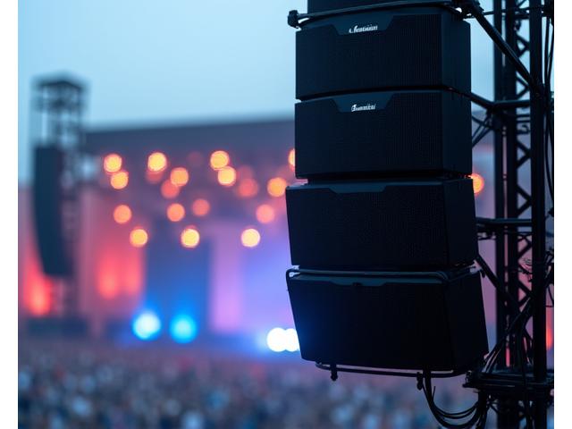 Detailed shot of a powerful line array speaker system hanging from a truss at a large outdoor venue.
