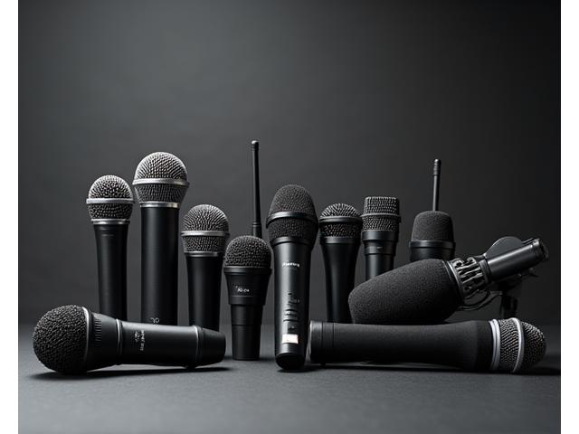 Selection of professional microphones, including wireless handhelds and specialty condenser mics, on a dark background.