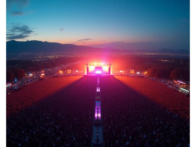 Vast outdoor festival grounds with stage, sound towers, and colorful lights under a twilight sky.