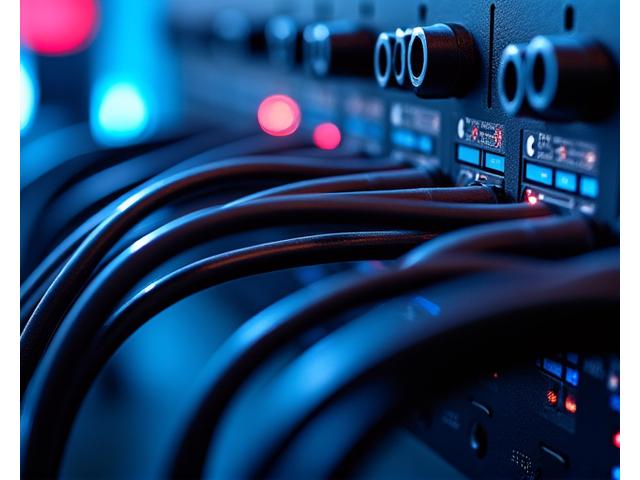 Complex power distribution unit with various cables connected, indicating robust electrical infrastructure.