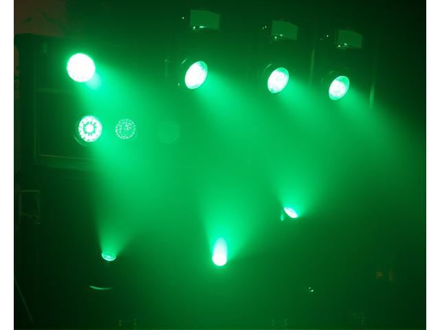 Rows of energy-efficient LED stage lights glowing with a green hue, symbolizing sustainability.