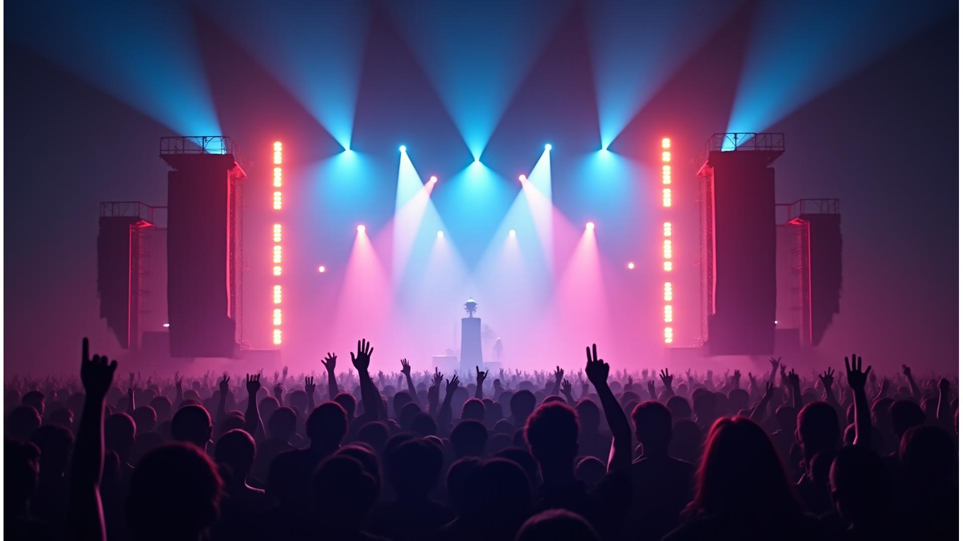 Dynamic stage with complex lighting rigs and powerful sound systems illuminating a cheering crowd.