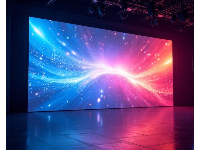 Large, high-resolution LED video wall displaying dynamic abstract visuals in an event space.