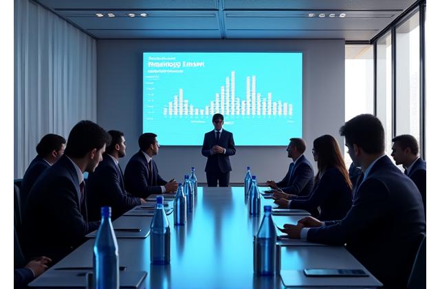 A modern corporate conference hall with participants engaged in a presentation, featuring digital displays and minimal paper usage.