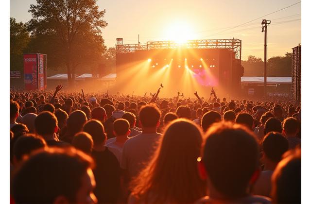 A vibrant outdoor music festival crowd enjoying music, with visible composting and recycling stations and ample green space.