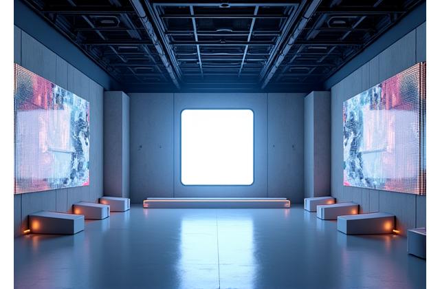 A sleek product launch event space featuring recycled material decor and interactive digital displays, highlighting the brand's sustainable practices.