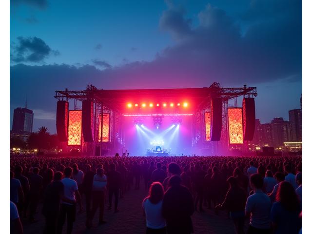 Advanced LED stage lighting rigged for an outdoor festival, powered by discreet battery storage units.
