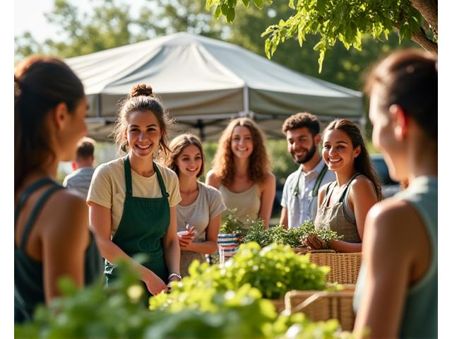 A diverse group of eco-certified vendors collaborating at an outdoor green market, showcasing sustainable products and services.