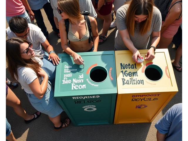 Event attendees cheerfully disposing of compostable materials into clearly labeled zero-waste bins at a bustling festival.